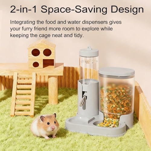 No Drip Hamster Water Bottle, 2 in 1 Hamster Water Dispenser & Food Bowl | Sealed Freestanding Small Animal Gravity Feeder, Hamster Cage Accessories for Dwarf Hamster, Gerbil, Rat, Mice (Gray) - color: Gray