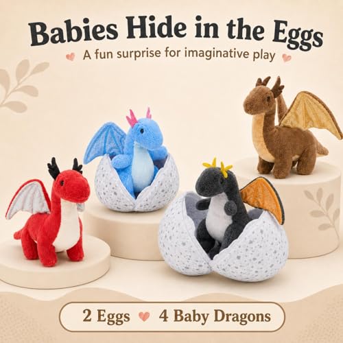 Dragon Plush with 4 Babies, 21.7" Dinosaur Stuffed Animal, Gray | 7Pcs Dragon Plush Family; Mommy, 4 Baby Dragons & 2 Eggs; Zipper Belly Pretend Play; Birthday & Christmas Gift for Kids - style: Dragon Gray