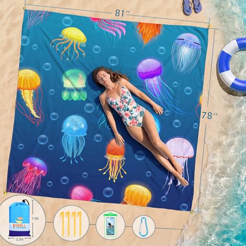 BYDOLL Beach Blanket Waterproof Sandproof,78''X81''/78''X110'' Large Sand Free Oversized Lightweight Sand Resistant Blanket, Picnic Mat for Beach Travel Camping Hiking Essentials - color: Jellyfish, size: 78''X81"