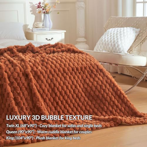 XeGe 3D Bubble Fluffy Faux Rabbit Fur Throw Blanket Twin XL, Burnt Orange | 68"x90", Double-Sided, Hypoallergenic, No-Shed, Machine Washable, Buttery Soft Blanket for Kids Adults Fall Terracotta Orange - color: Burnt Orange, size: Twin XL (68" X 90")