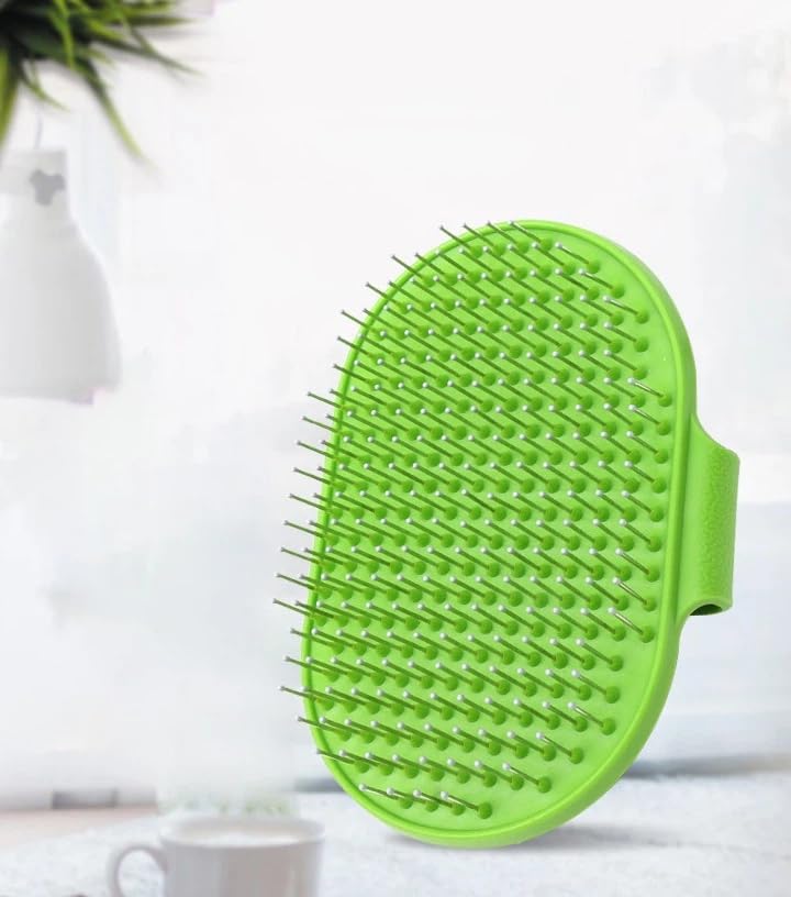 Pet Dog Grooming Bath Brush, Rubber Soothing Massage Comb with Handle | Soft Rubber Massage for Long or Short Haired Dogs Cats, Soothing Grooming Tool for Daily Use(Green)