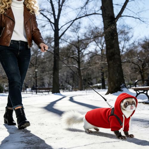 Ferret Clothes and Leash Set, Warm Hoodie Sweater with Harness and Leash for Outdoor Walking, Cozy Wear for Ferrets, Chinchillas, Small Pets, Adjustable Small Pet Outfits (Red) - color: Red