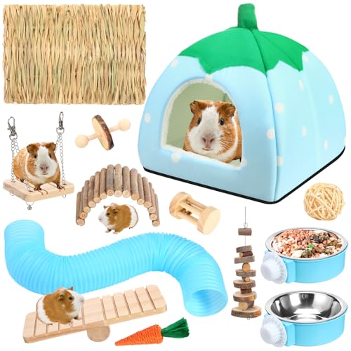 Youyole 13 Pcs Guinea Pig Starter Kit Hamster Toys Bed Guinea Pig Cage Accessories with Tunnel Grass Mats Pet Food Bowl for Christmas Chinchillas Hedgehogs Ferrets Rabbit Hideout Essentials(Blue) - color: Blue