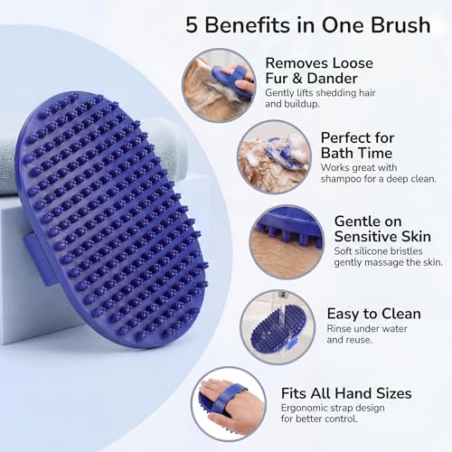Pets&Goods Rubber Grooming Brush for Dogs & Cats - Gentle Deshedding Bath Brush for Short & Medium Hair - Soft Bristles, Anti-Slip Grip, Easy to Clean - color: Blue