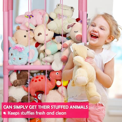 Stuffed Animal Zoo Storage PVC Stuffed Animal Holder, Pink | Vertical Plush Storage Organizer Shelf with Elastic Band for Nursery Play Room Bedroom - color: Pink