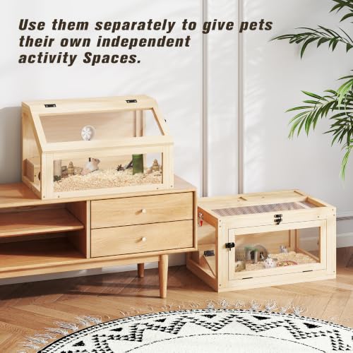 COZIWOW Hamster Cage, 2-in-1 Detachable 2-Tier Stackable Chewproof Wooden Small Animal Habitat with Ramps & Hideouts, 270° Panoramic Acrylic View Openable Wire Top, Large Rat House for Syrian - color: Wood