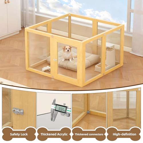 8 Panel Elegant Wooden Frame Clear Acrylic Indoor Puppy Playpen | Stain-resistant waterproof layering designed for hassle-free cleaning and long-lasting furniture protection - size: 8 Panel 39.4x39.4in