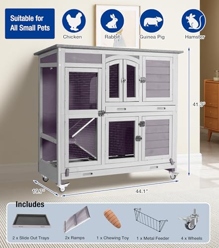 2-Story Rabbit Hutch with Wheels, Bunny Cage with Two Deepened Leak-Proof Trays, Indoor Outdoor Guinea Pig Cage with Waterproof Asphalt Roof - Grey - color: 44"L Grape Purple