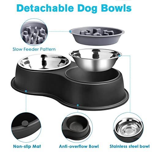 Epetslove Double Dog Water and Food Bowls Raised Slow Feeder Black | Stainless Steel, Raised Feeding Station, Removable Slow Feeder, Anti-slip Base, For Puppies, Medium Dogs, Cats & Multi-pet - color: 2. Slow Feeder, size: Medium-18oz