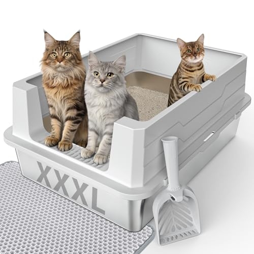 FURTIME Stainless Steel Cat Litter Box, Extra Large Cats Metal Litter Box | High-Sided Open-Top Easy-Clean Litter Pan for Multi-Cat Home, Non-Stick, Anti-Leakage, Comes with Scoop & Mat, 28"×20"×12.2" - color: Silver, size: XXX-Large