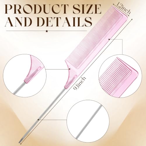 Leinuosen 3 Pack Rat Tail Comb Carbon Fiber,Clear Pink | Steel Pin Tail for Sectioning, Heat Resistant Teasing, Pick Comb for Women Wig Styling, Fishtail Design for Salon Updos - color: Clear Pink