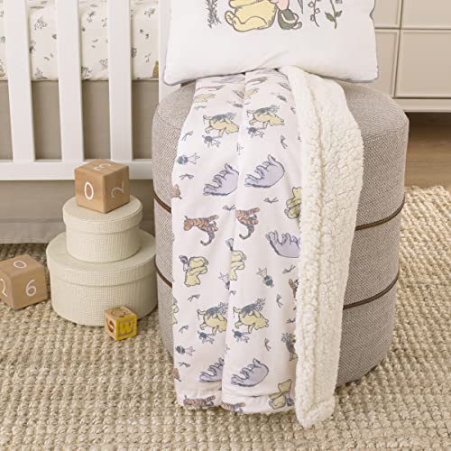 Disney Classic Pooh Naturally Friends Ivory and Taupe Piglet, Eeyore, and Tigger Super Soft Sherpa Baby Blanket - color: Pooh Naturally Friends