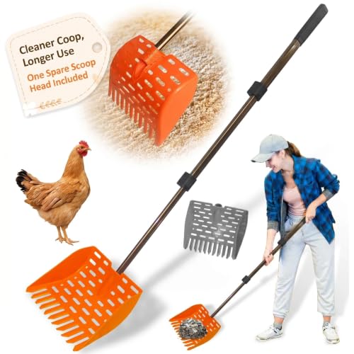 Chicken Dog Coop Poop Scooper & Rake 2-in-1 Telescopic Sifting Shovel | Litter Scoop - color: ORANGE