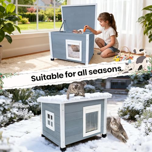 Agitree Outdoor Wooden Pet House, Weatherproof Winter Shelter for рuррy and Small Cats, Elevated Design with Window，100% fir Insulated Pet Safe Haven | Easy 15-Min Assembly (Gray-White)