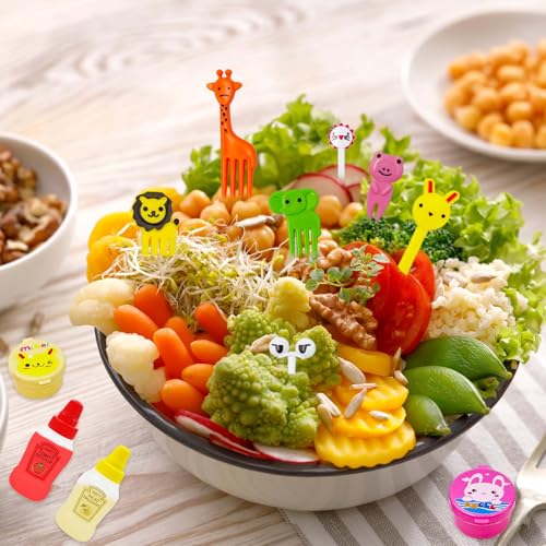 55-Pack Bento Box Accessories & Mini Condiment Bottles Set | 55pack: 4 mini condiment bottles, 40 animal food picks, 4 sauce containers, 7 divider cups. BPA-free, leak-proof, reusable.