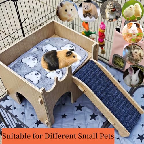 Guinea Pig Hideout, Small Animals House with | Mat Ramp | Cave | Blanket | Toy |, Wooden Detachable Castle for Guinea Pig Cages Accessories, Bed Hut Habitats for Hamster Bunny Playing Sleeping Hiding