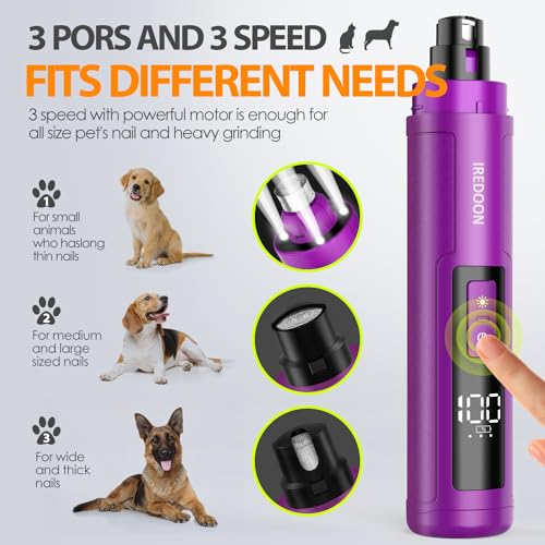 Dog Nail Grinder with 4 LED Lights, 3 Speeds Super Quiet for Pets | Low Vibration,Electric Pet Nail Grinder, Professional Painless Paw Grooming & Smoothing for Small to Large Dogs Cats(Purple) - color: Purple