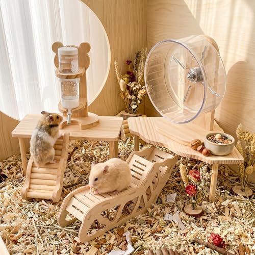 BreezeHug 6 Pcs Hamster Cage Accessories Hamster Wooden Tunnel Bridge Hideout with Platform Exercise Wheel Water Bottle with Stand Decorative Landscape for Small Pets Dwarf Syrian Mice Degus Gerbils - style: Modern