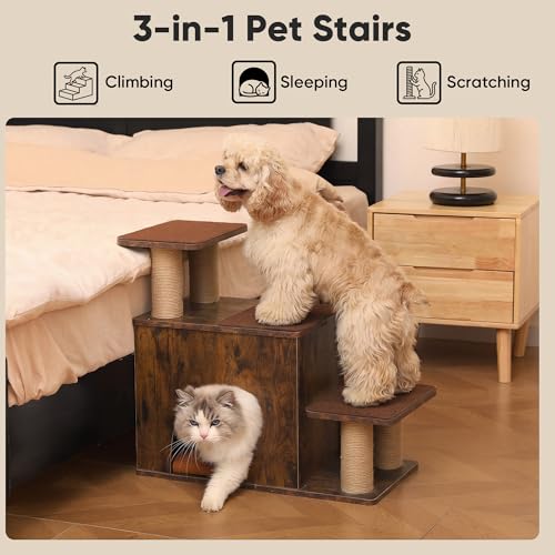 FUKUMARU 3-in-1 Pet Stairs, Retro-style Dog Steps for Cats and Small Dogs, Wooden Cat Stairs for High Bed with Scratching Post, Dog Ramp for Couch with Cat Condo Cave, Easy to Clean & Aesthetic Design - color: Brown