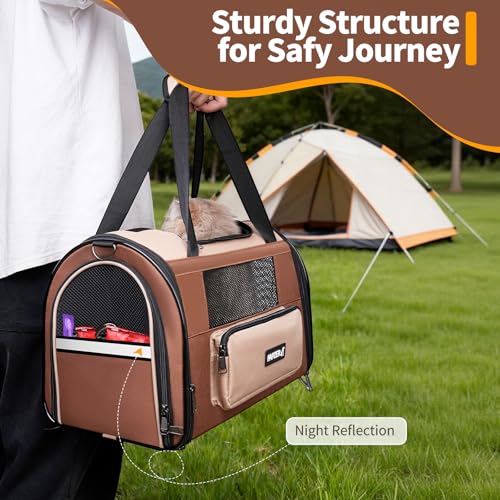 Collapsible Small Pet Carrier for Cat 15 lbs with Fashion Pocket Travel Bag | Lightweight Sturdy Little Puppy Dog Carry Crate, Breathable Stylish Kitten Soft Cage Kennel, Portable Yorkie Box Khaki - color: Khaki
