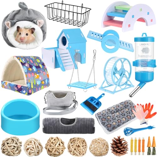Teenyyou 24 Pcs Small Guinea Pig Starter Kit Essentials for Hamster Cage Accessories Toys House Bed Cage Cleaner Food Bowl Water Holder Carrier Bag Teething Toys Liner Tunnel for Beginner(Blue) - color: Blue