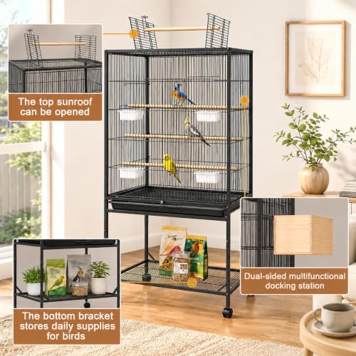 59-inch Open Top Bird Cage, Wrought Iron Bird Flight Cage with Rolling Stand, Slide-Out Tray for Parrot, Parakeets, Lovebird, Finch, Pigeon (Black)