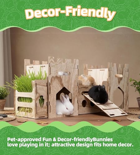 HIIMALEX Extra Large Wooden Bunny Castle House Multistory Climbing Tower Hideout Ventilated Sturdy Habitat for Rabbit Guinea Pig Chinchilla Ferret