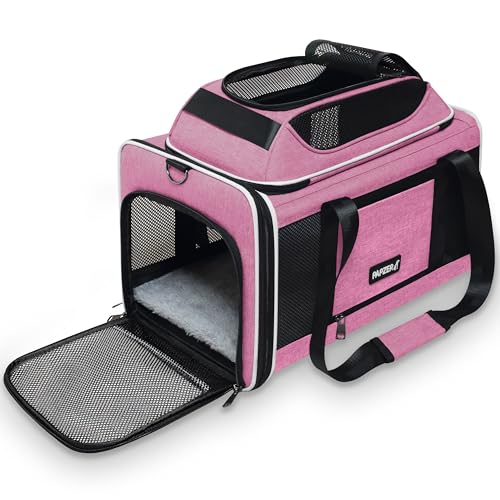Top-Expandable Cat Carrier 18x11x11, United Delta American Airline Approved | Soft-Sided Small Dog Pet Carry Bag Travel Under-Seat in Cabin, Puppy Airplane Crate 10lbs TSA Plane Kitten Cage Kennel Pink - color: Pink