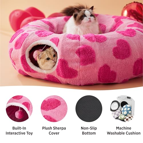 Lesure Donut Cute Jacquard Cat Tunnel Bed Kitten Toys for Puppy Bunny | 33.5x33.5x10in,Round Cat Bed Tube for Indoor Cats Rabbit Dog,Pet Peekaboo Cave Toy,Spiral Hideaway,Washable Cushion - color: A Lover Hearts, size: Standard (33.5"L x 33.5"W x 10"H)
