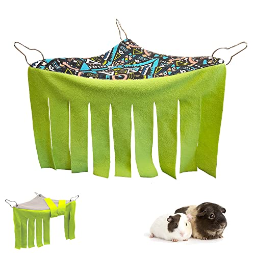 RIOUSSI Guinea Pig Hideout Hideaway Corner Fleece Toys Cage Accessories | Reversible Sides | Soft Fleece Fabric | Come with Hooks | Guinea Pig Hammock for Small Animals | Green, Triangle - color: Green