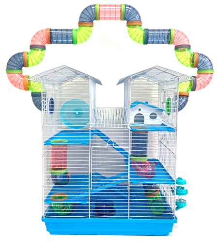 5-Level Large Crossover Twin Towner Tube Tunnel Habitat Hamster Rodent Gerbil Mouse Mice Rat Cage (Blue) - color: Blue, size: 31.0"L x 14.5"W x 33.0"H