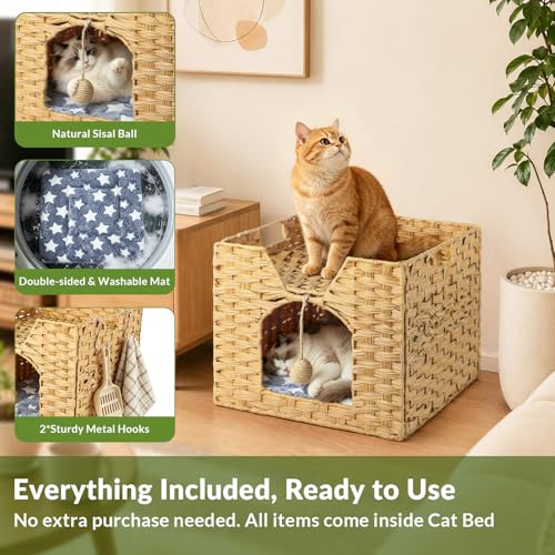 Handwoven Rattan Cat Bed Indoor Kitten, Cat Bed Cave with Cushion, Sisal Ball & S-Shaped Hooks, Foldable Hideaway Cat House for Bedroom Living Room, Natural - color: Natural A