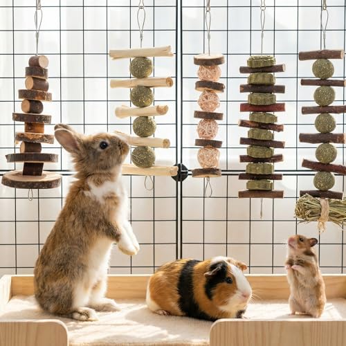 7 Pcs Bunny Chew Toys, Natural Apple Wood Hanging Rabbit Chew Toy Treats for Guinea Pigs Hamsters Chinchilla Ferret Rats, Improve Small Animal Dental Health for Teeth Grinding
