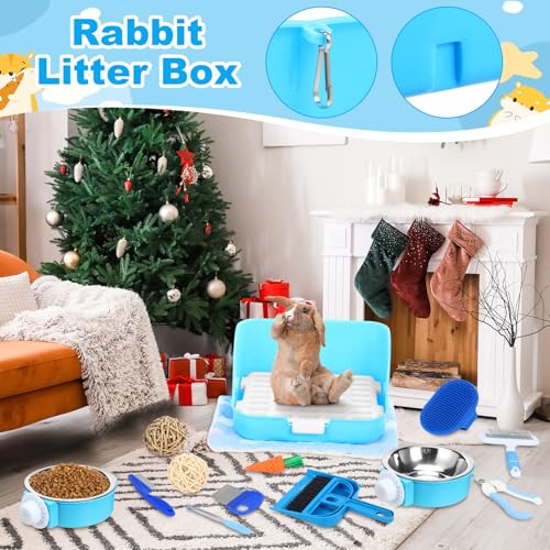 Reallnaive 15 Pcs Rabbit Starter Kit Small Rabbit Litter Box Girls Gift Animal Grooming Kit Bunny Toys Bowl Blankets with Cleaning Set for Guinea Pig Accessories(Light Blue) - color: Light Blue