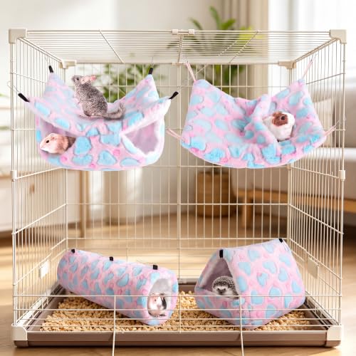 MCEAST 4 Pieces Small Pets Cage Accessories Hanging Hammock Sleeping Bag Tunnel and Bed Hideout Set Warm Sleep Nap Sack Bed for Hamster Ferret Squirrel Rabbit, Pink Hearts - style: Pink Hearts