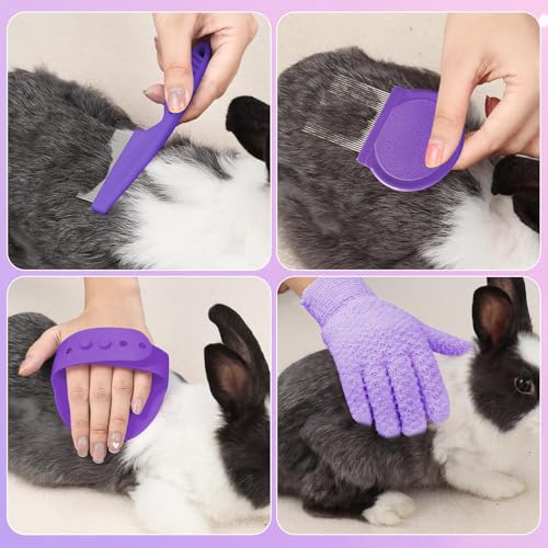 VCZONE 8 Pcs Small Animal Grooming Kit, Rabbit Grooming Kit with Pet Nail Clipper and File, Flea Comb, Pet Shampoo Bath Brush, Pet Shedding Slicker Brush, Bath Massage Glove, Cleaning Comb (Purple) - color: Purple