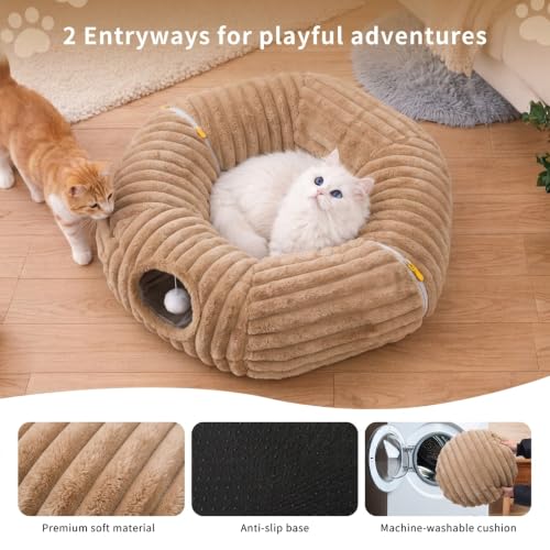 Dogpals Cat Tunnel Bed Cave 33" Lx10 Wx10 H for Indoor Cats(Khaki) | Washable Cozy Cushion, Soft Striped Plush Fabric, Hideaway Peekaboo Cave for Kittens, Puppies, Rabbits & Small Pets - color: Khaki