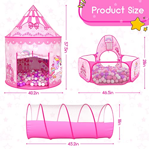 3pc Kids Play Tent for Girls with Ball Pit, Crawl Tunnel, Princess Tents for Toddlers, Baby Space World Playhouse Toys (3PC Princess Dream Tent) - style: 3PC Princess Dream Tent