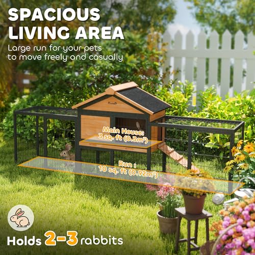 PawHut Rabbit Hutch Outdoor 85" Large with Steel Run for 2-3 Small Animals | Wooden Bunny Cage, Removable Tray, Waterproof Roof, Ramp, Metal Guinea Pig Cage, Rabbits, Chickens, Ducks, Backyard Garden