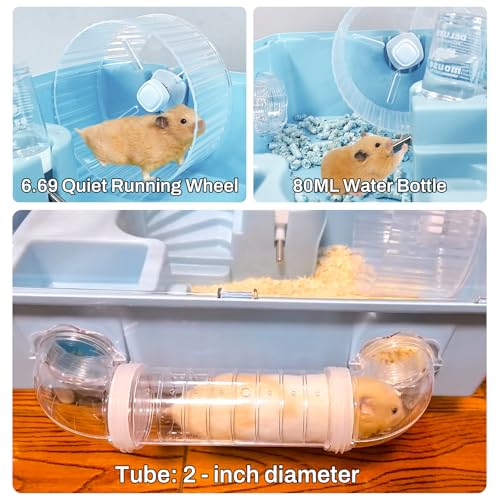 Tfwadmx Dwarf Hamster Cage,Acrylic Rat Cage,Hamster Home Small Animal Cages with Tube Exercise Wheel Mouse Habitat for Gerbils Mice 17.7”x11”x11.8”, Blue - color: Blue