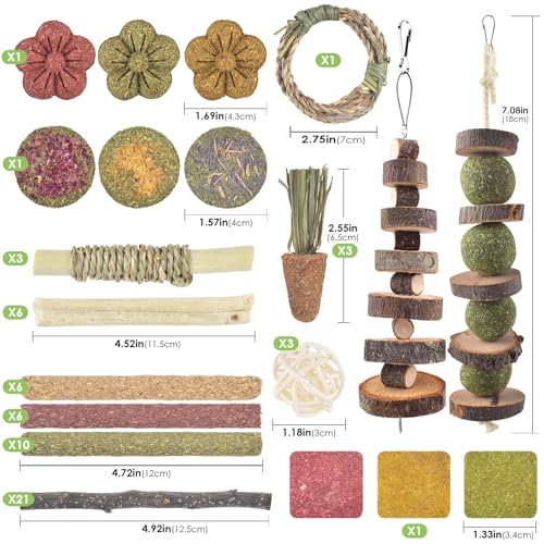 ERKOON 70PCS Rabbit Chew Toys, Natural Timothy Grass Cakes Guinea Pig Toys, Small Animal Teeth Grinding Treats for Bunny Hamster Chinchilla, Safe Dental Care Snacks - size: 70