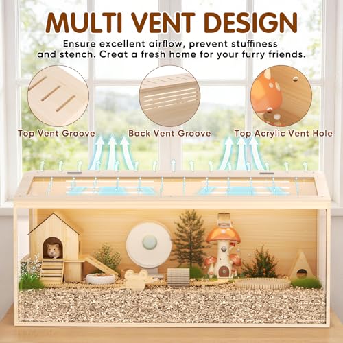 Wooden Hamster Cage, 40inch Large Hamster Enclosure with Openable Top & Stabilized Acrylic for Small Animals, Guinea Pig, Rabbit, Rat, 40" L x 20''W x 20''H Hamster Habitat with Multi-Vent - size: 40.0"L x 20.0"W x 20.0"H