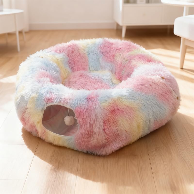 Cat Tunnel with Cat Bed for Indoor Cats, Under Christmas Tree Soft Plush Peekaboo Cat Cave Donut Tunnel, Multifunctional Playground Toys Hideplace for Kittens, Rabbit, Ferret - color: Rainbow colors