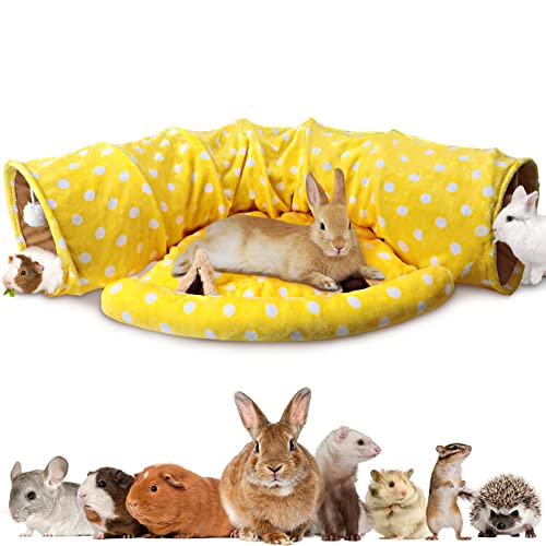 BWOGUE Bunny Tunnel Bed, 2-in-1 Collapsible Rabbit Tunnel Hideout with Mat | Removable Mat for Washing, 46.8 in Length, Ball Toy for Play, Soft Suede Fabric, Cats Rabbits Guinea Pigs - color: Yellow