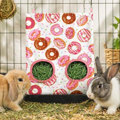 JarThenaAMCS 2Pcs Rabbit Hay Feeder Bag with 2 Holes Donut Guinea Pig Hanging Hay Feeding Bag Storage Dispenser for Chinchilla Hamster Bunny Small Animal Pet