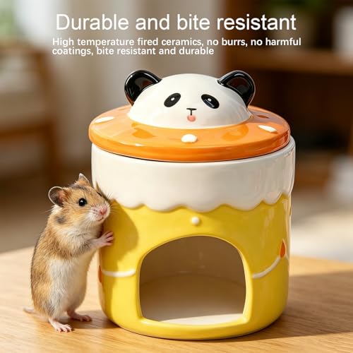 Ceramic Igloo Hamster Hideout,Panda Shape Hamster House with ice Box(Panda) | Habitats Cool Bed Ideal for All Season Cave Mini Hut Cage for Syrian & Dwarf Hamsters, Gerbils, Mice Other Small Pets - color: Yellow