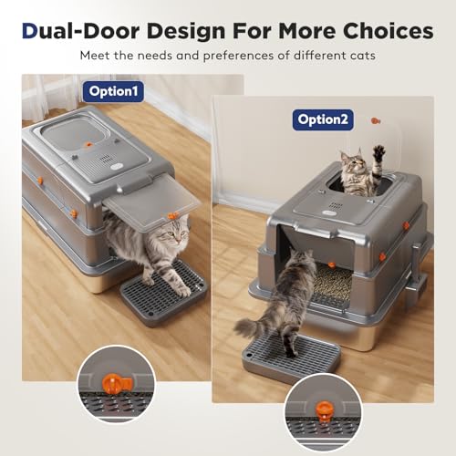 FURTIME XXXL Extra Large Enclosed Stainless Steel Litter Box with Lid | Large Enclosed Cat Litter Box for Big Cats, Metal Cat Box with High Sided Enclosure & Scoop, Grey - color: Grey, size: XXX-Large