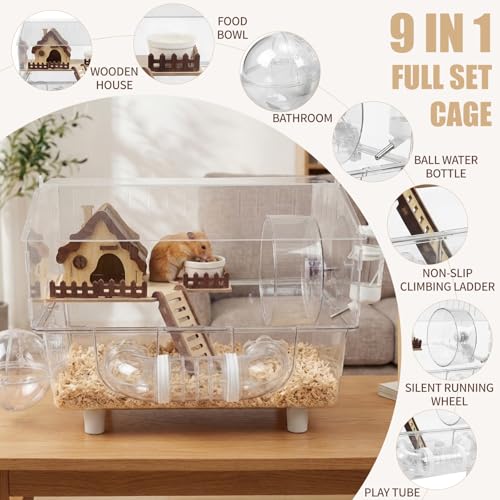 Loungewave Acrylic Hamster Cage, 8 in 1 Gerbil Cage with Accessories | Classic House Style, Dwarf Hamster Cage with Full Transparent Viewing, Clear View Inside Easy to Clean, Excellent Ventilation - color: Transparent