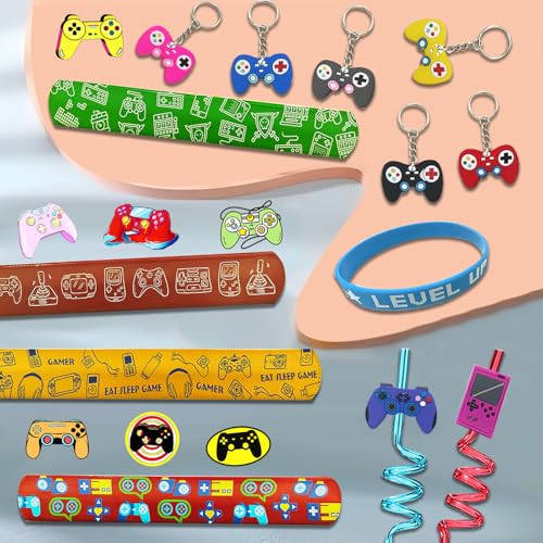 110PCS Video Game Party Favors, Gamer Goodie Bag Stuffers and Supplies | 110PCS video game party favors with boxes, keychains, wristbands, reusable straws, slap bracelets and 50 gaming stickers. - style: Video Game