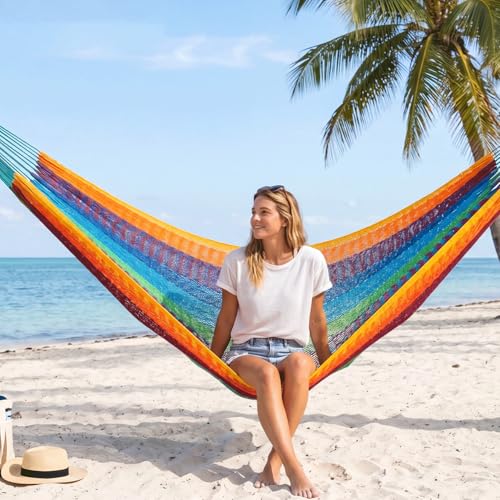 Handwoven Rope Mayan Hammock for Outside, 600 lbs Capacity | 2 Person, Portable Carrying Bag, Easy-Used Tree Straps, Carabiners, Soft Fabric, for Patio (Tropical, X-Large) - color: Tropical, size: X-Large